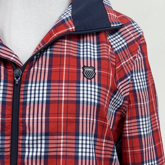 K-Swiss Jacket Mens S Small Red Plaid Full Zip Mesh Lined Hidden Hoodie Bomber - Picture 3 of 13